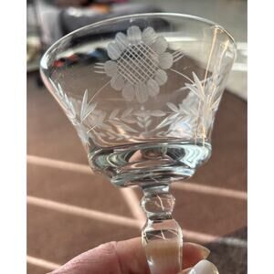 5 Hughes Cordial Etched Glasses Cornflower Pattern Sherry Wine Sorbet Vintage